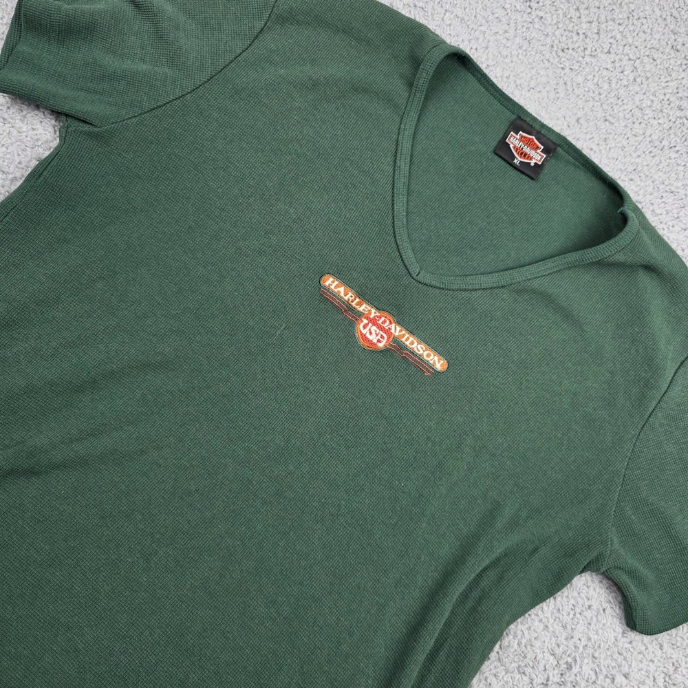 Harley Davidson Womens V Neck T‎ Shirt Green Thermal USA Palm Beach XL